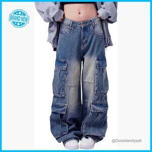 Baggy Cargo Jeans Y2K Wide Leg Low Rise Vintage Streetwear Denim Pants